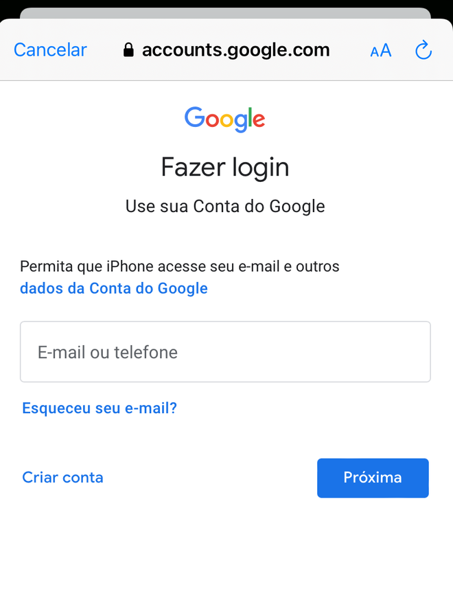 Preencha seu e-mail e senha para fazer login na sua conta do Google - Captura de tela: Thiago Furquim (Canaltech)