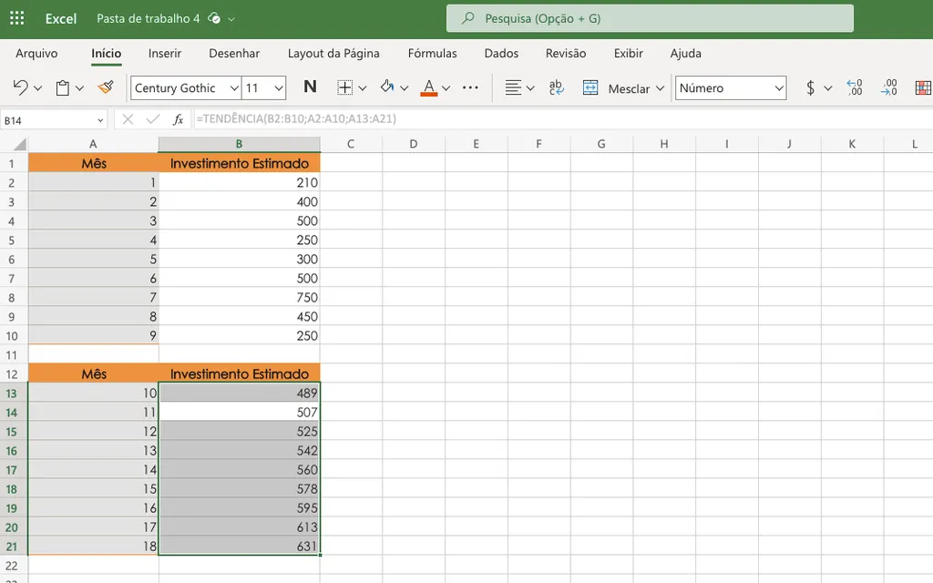 Faça o cálculo de tendência no Excel para projetar dados futuros (Imagem: Captura de tela/Thiago Furquim/Canaltech)