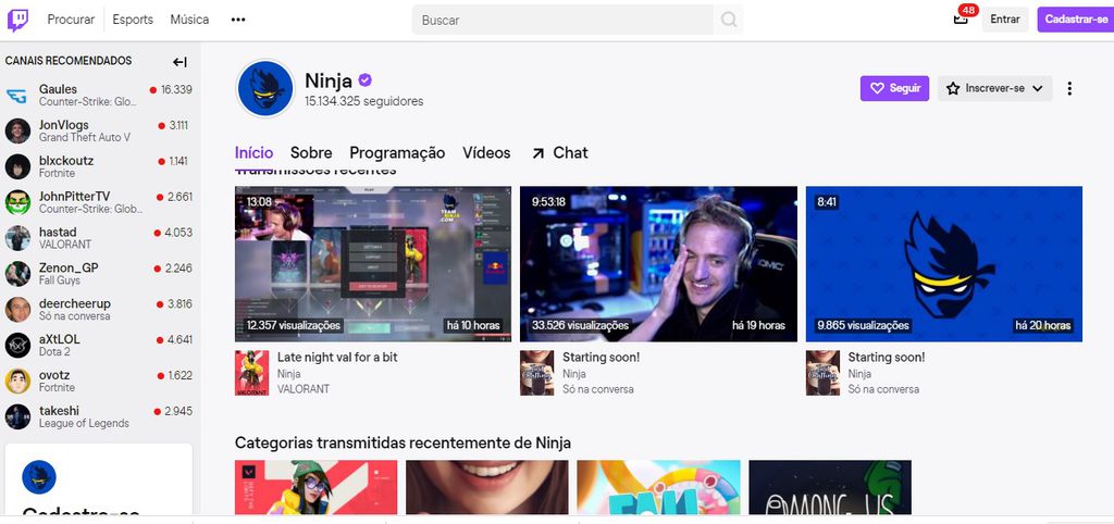 Canal de Ninja na Twitch já está ativo/ Captura de Tela: Twitch