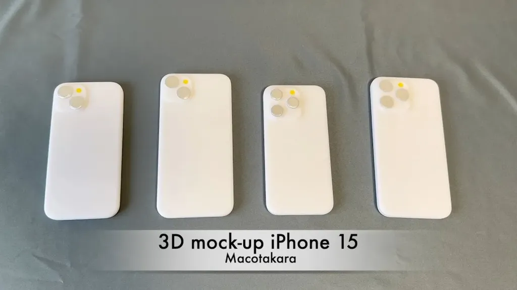 Protótipos 3D não-funcinonais da linha iPhone 15 (Imagem: Reprodução/Macotakara)