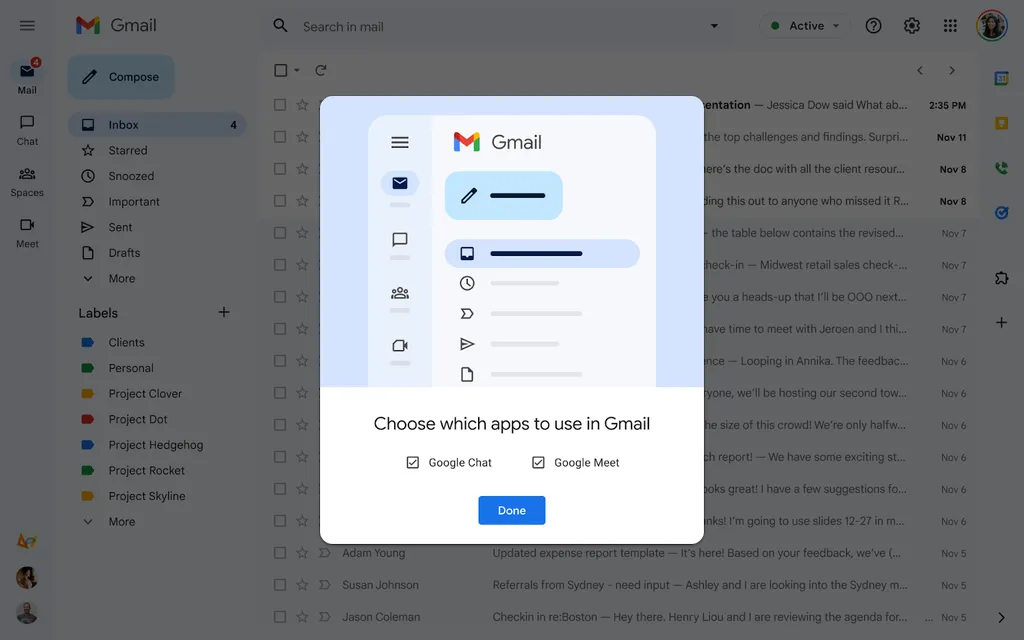 Você poderá remover o Google Chat e o Google Meet da tela inicial do Gmail (Imagem: Reprodução/Google)