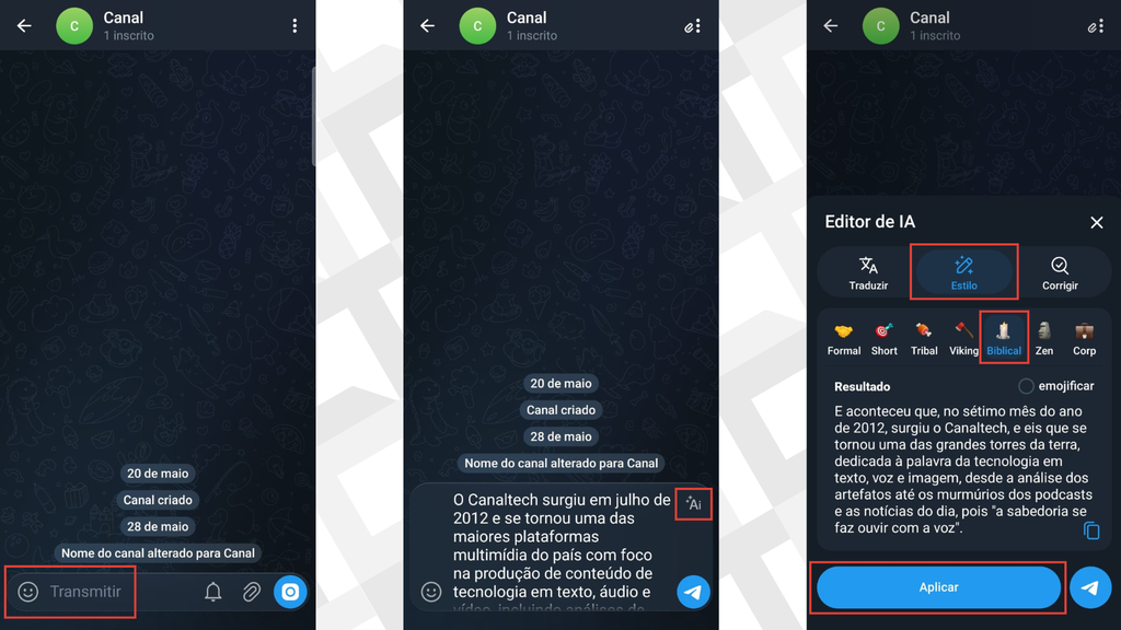Passos para usar o editor de IA do Telegram