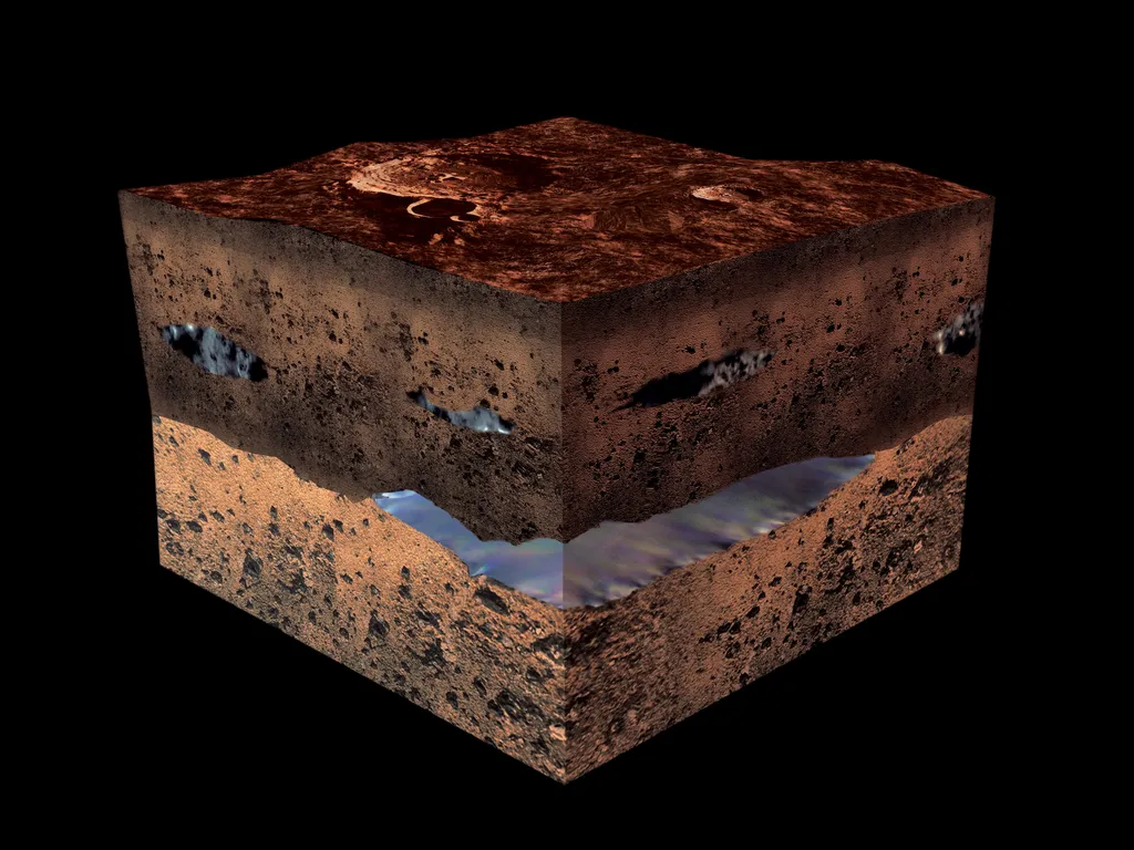 Ilustração de um reservatório de água sob a superfície de Marte. (Imagem: Medialab, ESA 2001)