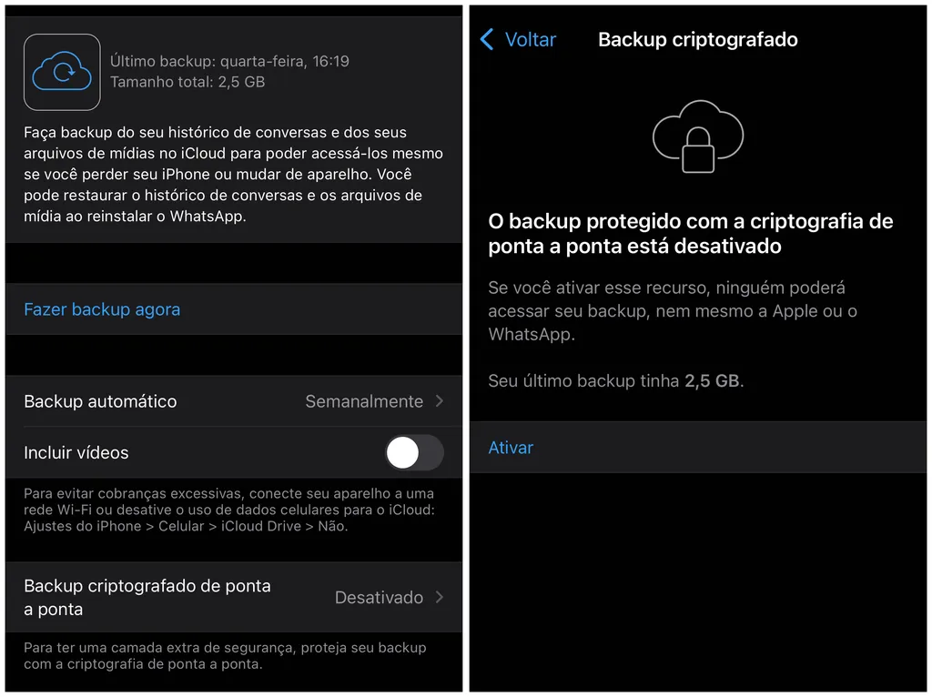 Adicione ou remova a camada de proteção do WhatsApp com a criptografia de ponta a ponta (Imagem: Captura de tela/Thiago Furquim/Canaltech)