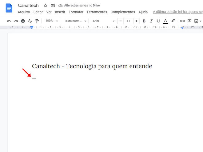 Digite um dos atalhos do teclado para colocar o travessão no Google Docs (Captura de tela: Matheus Bigogno)