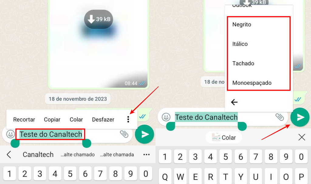 Você pode tocar e segurar uma mensagem para aplicar formatação do WhatsApp para Android (Imagem: Captura de tela/Fabrício Calixto/Canaltech)