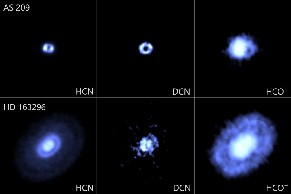 Imagens dos discos protoplanetários em torno das estrelas AS 209 e HD 163296 (Imagem: Reprodução/ALMA/ESO/NAOJ/NRAO/Cataldi et al./Aikawa et al)