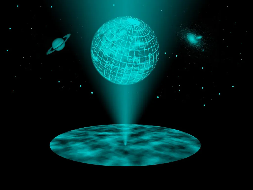 Ilustração que demonstra nosso universo como uma projeção holográfica de eventos físicos em uma dimensão abaixo (Imagem: Reprodução/Institute for Theoretical Physics TU Wien)