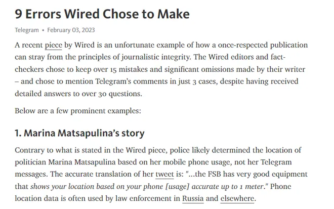 A longa resposta do Telegram mostra vários pontos de refutação ao artigo da Wired (Imagem: Captura de tela/Alveni Lisboa/Canaltech)
