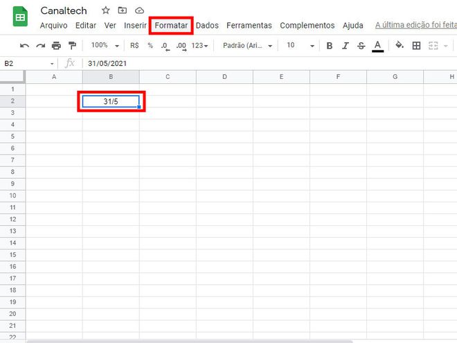 Selecione as células que você quer alterar o formato da data e clique em "Formatar" (Captura de tela: Matheus Bigogno)