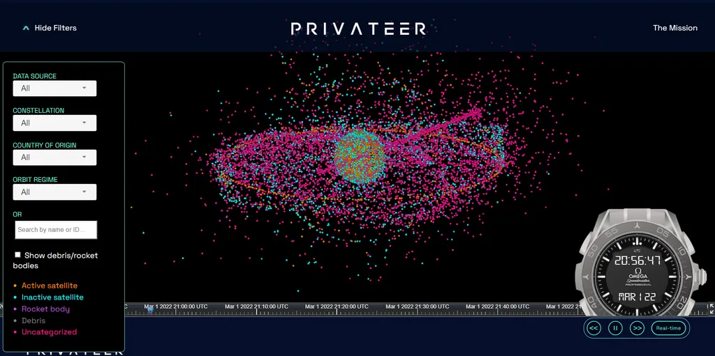 O Wayfinder oferece diferentes opções de visualização dos objetos em órbita (Imagem: Captura de Tela/Privateer)