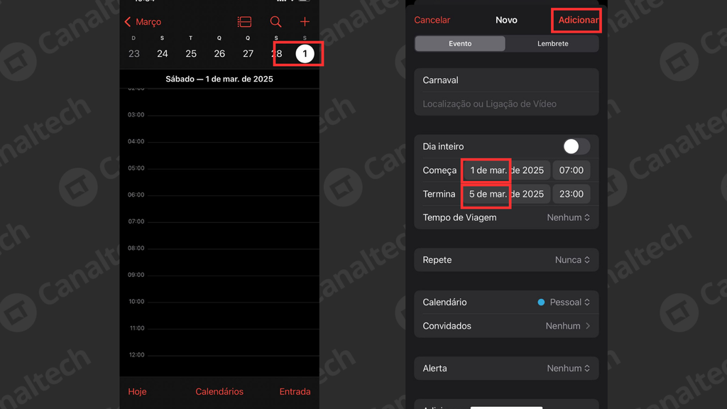 Captura de tela do calendário do iOS com procedimento para adicionar data do Carnaval