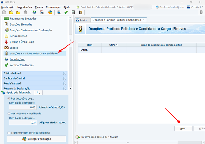 Você pode registrar doações a partidos políticos e candidatos no software da Receita (Imagem: Captura de tela/Fabrício Calixto/Canaltech)