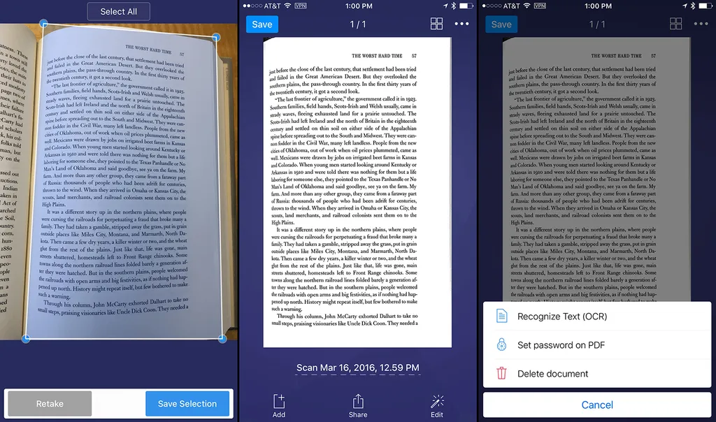 O ScannerPro permite transformar imagens em texto, além de ajustar as fotos para um formato favorável à leitura (Imagem: Reprodução/ScannerPro)