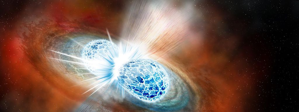 Ilustração de uma colisão entre estrelas de nêutrons, um dos eventos cósmicos que ajudou na pesquisa sobre a matéria no núcleo dessas estrelas