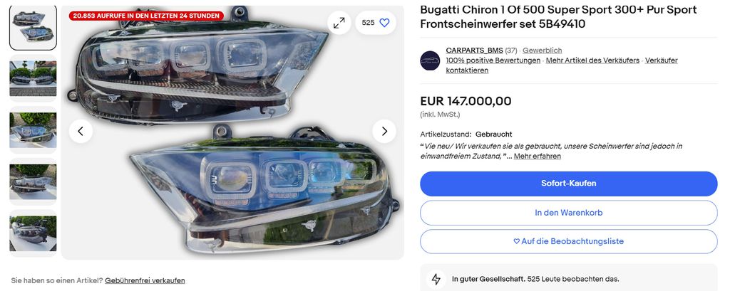 Farol do Bugatti Chiron custa o mesmo que um Porsche Carrera 911 GTS (Imagem: Reprodução/Ebay/Alemanha)