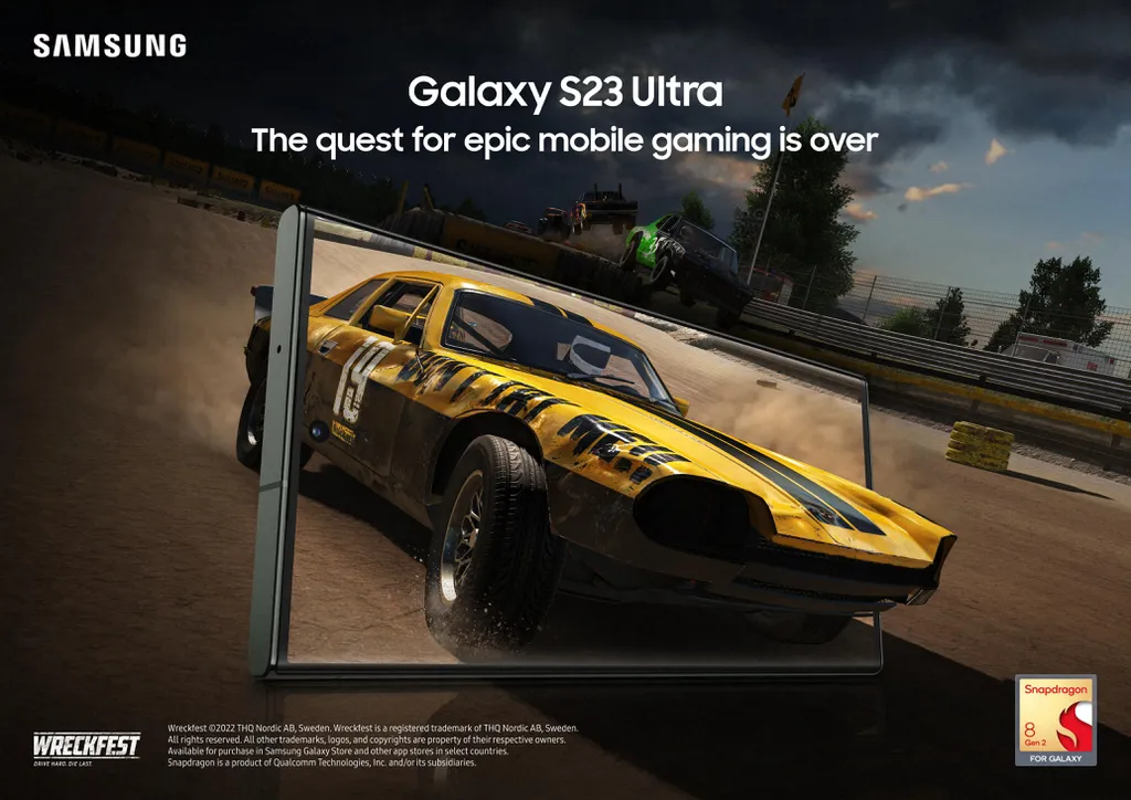 Usado nos materiais oficiais para destacar a potência do Snapdragon exclusivo, Wreckfest roda extremamente bem no Galaxy S23 Ultra (Imagem: Divulgação/Samsung)