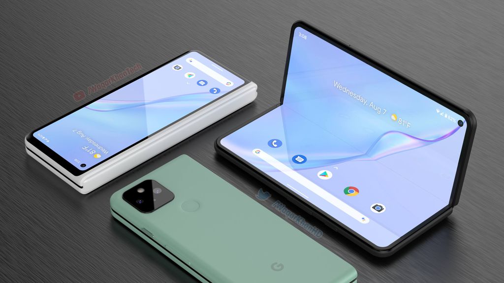 Conceito imagina dobrável do Google com mescla entre Galaxy Z Fold 2 e Pixel 5, mas design final deve ser muito diferente (Imagem: Reprodução/Waqar Khan)