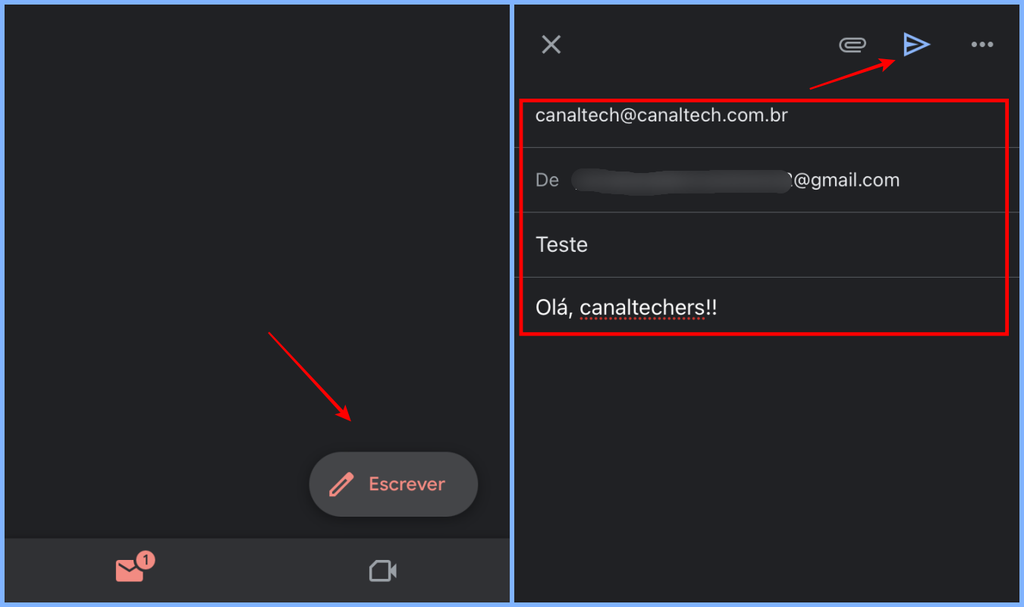 Enviar e-mail pelo Gmail no celular exige somente alguns poucos toques (Imagem: Captura de tela/Fabrício Calixto/Canaltech)