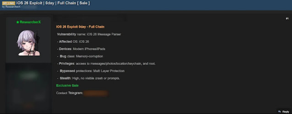 Listagem de ResearcherX na dark web, vendendo a suposta cadeia de infecção do iOS 26 (Imagem: Cyber Security News)