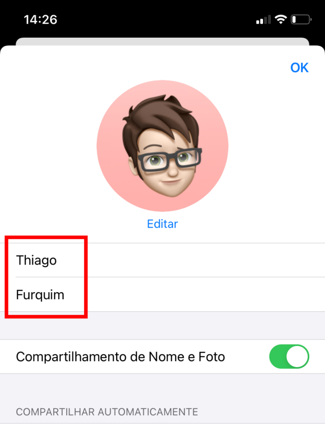 Defina o nome e sobrenome para seu perfil de contato - Captura de tela: Thiago Furquim (Canaltech)