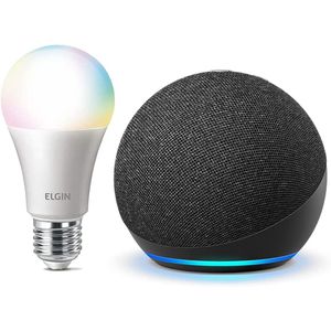 Echo Dot (4ª Geração): Smart Speaker com Alexa - Cor Preta + Lâmpada Inteligente Elgin