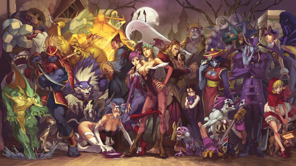 Ilustração colorida mostrando vários personagens de Darkstalkers, incluindo Morrigan, Demitri e outros monstros estilizados em um cenário noturno