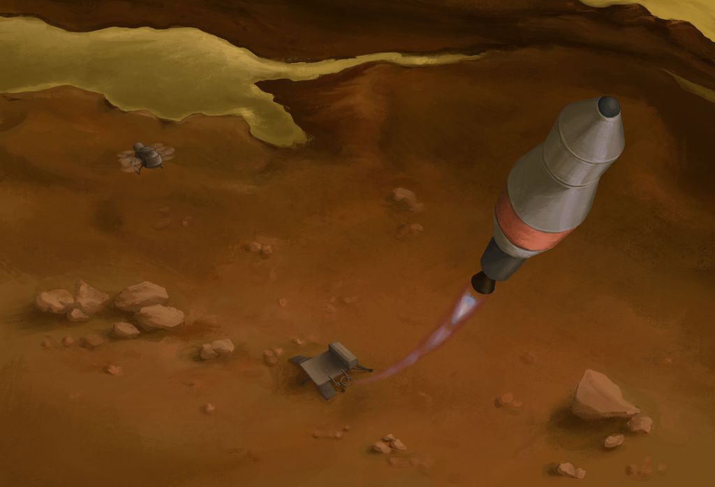 Concepção artística da missão de retorno de amostras de Titã. O pequeno helicóptero à esquerda é o Dragonfly, previsto para ser lançado em 2026 para lá (Imagem: Reprodução/NASA)