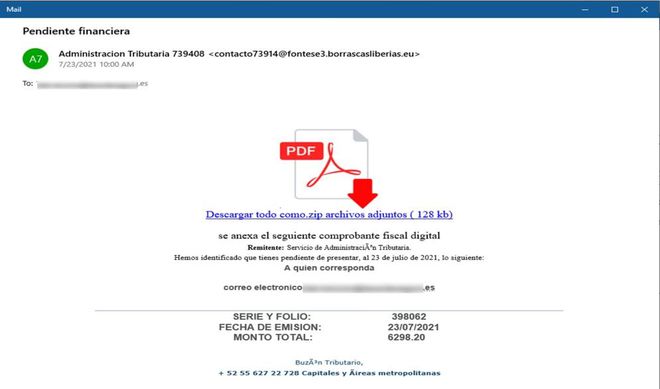 Exemplo de e-mail de phishing do Mekotio. (Imagem: Divulgação/Check Point Software)