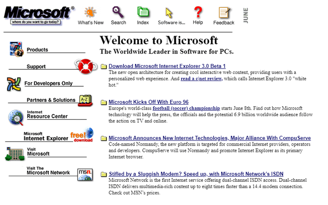 A Microsoft aprimorou o visual do site em 1996 (Imagem: Reprodução/Web Design Museum)