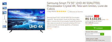 Samsung Smart TV 50" UHD 4K 50AU7700, Processador Crystal 4K, Tela sem ...