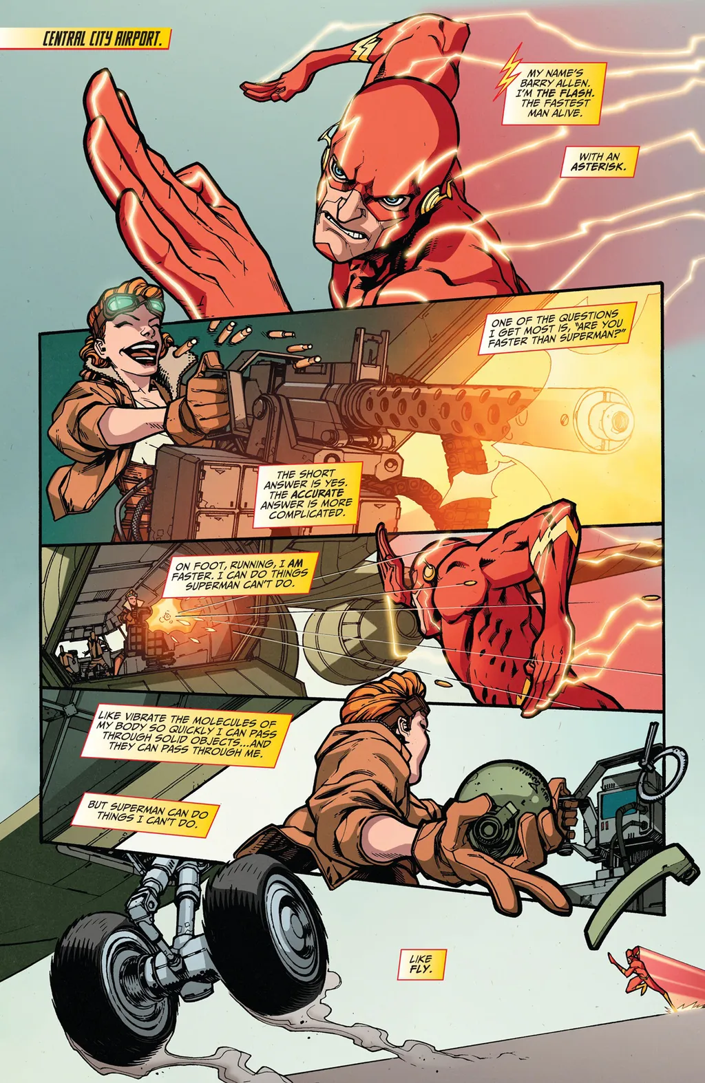 Flash lembra que não pode voar, mas atravessar obstáculos dá uma vantagem contra o Superman em uma corrida (Imagem: Reprodução/DC Comics)