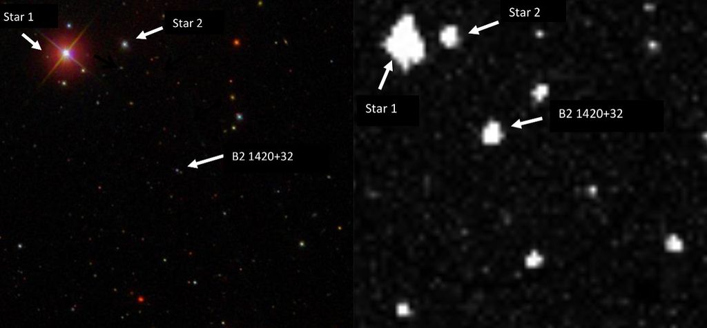 Imagem do Sloan Digital Sky Survey de março de 2004 (esquerda) e a imagem da pesquisa feita pelos autores do estudo em janeiro de 2020 (direita). O brilho do blazar aumentou por um fator de 100 (Imagem: Reprodução/Sloan Digital Sky Survey/usando ASAS-SN/Hora D. Mishra)