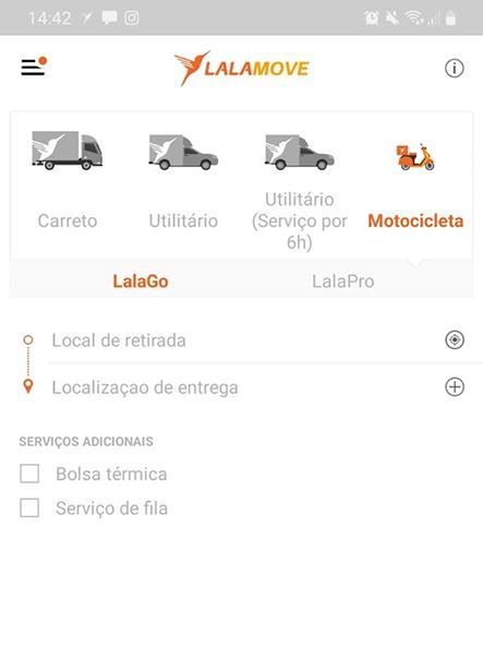 O Lalamove possui diferentes tipos de veículo para cada modalidade de entrega (Captura de tela: Ariane Velasco)