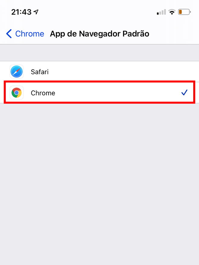 Selecione o Google Chrome como seu navegador padrão do iOS. Captura de tela: Lucas Wetten (Canaltech)