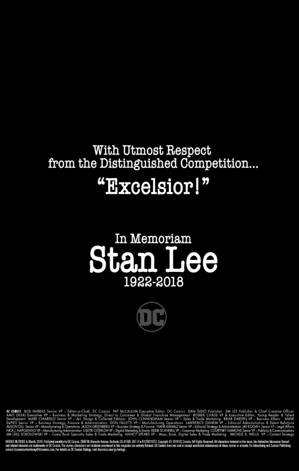 Página dedicada a Stan Lee foi impressa em todos os quadrinhos de janeiro da DC Comics, em homenagem ao ícone da indústria, que faleceu em 2018 (Imagem: Divulgação/DC Comics)