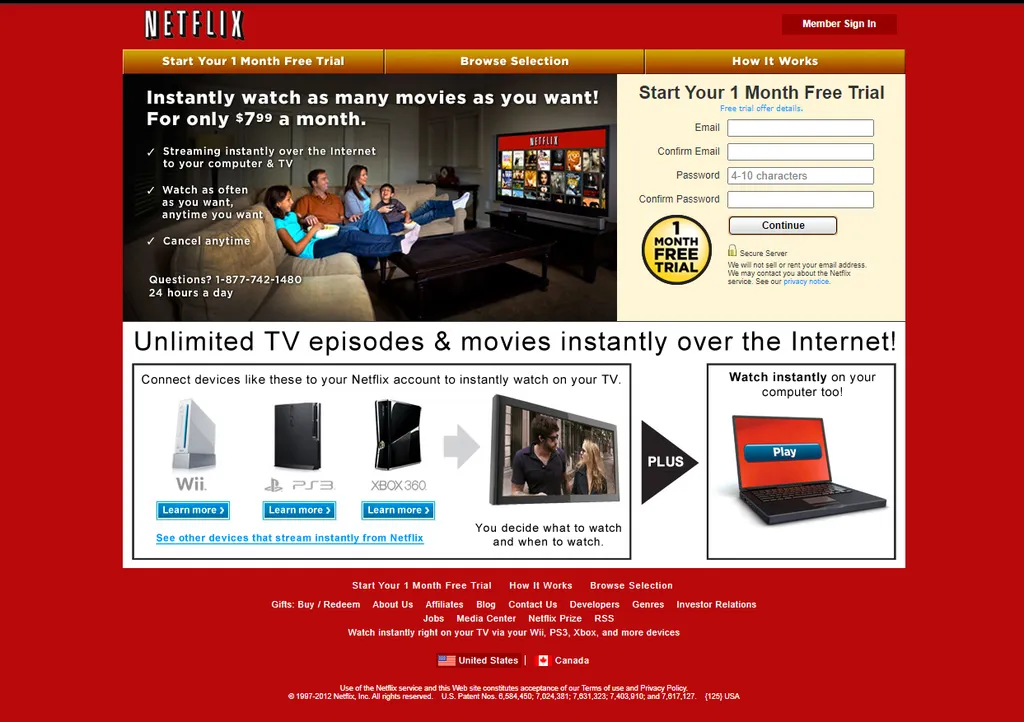A Netflix se destacava porque permitia assistir a filmes, a qualquer momento, em TVs, computadores e videogames (Imagem: Reprodução/Archive.org)