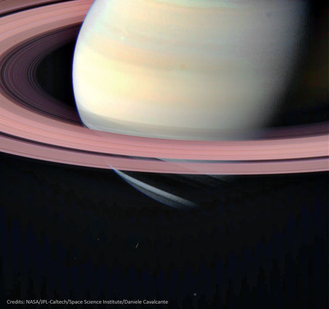 Nesta imagem, foram aplicadas cores "falsas" em dados brutos da Cassini (Imagem: Reprodução: NASA/Caltech/Space Science Institute/Daniele Cavalcante)