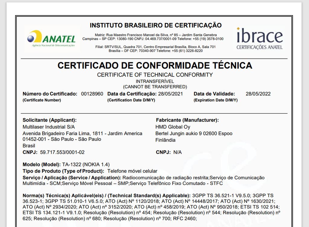 Certificado do Nokia 1.4 na Anatel foi solicitado pela Multilaser (Imagem: Reprodução/Anatel)