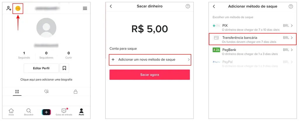 Transferir dinheiro do TikTok para conta bancária é uma das opções de saque no app (Captura de tela: André Magalhães)