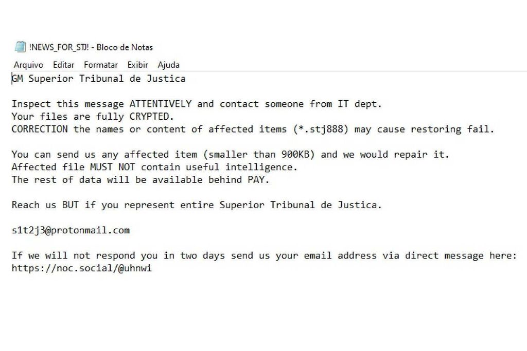 Mensagem de ataque de ransomware ao Superior Tribunal de Justiça do Brasil em novembro do ano passado (Imagem: Reprodução/O Bastidor)