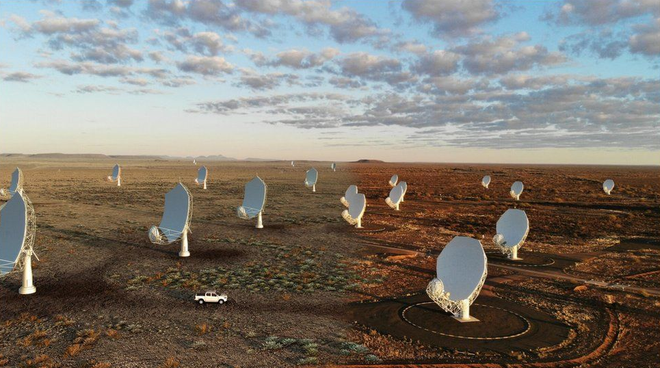 Ilustração das antenas na região de Karoo, na África do Sul (Imagem: Reprodução/SKAO)