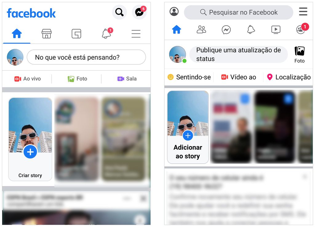 À esquerda, a versão tradicional do Facebook; à direita, o Facebook Lite (Captura de tela: André Magalhães)