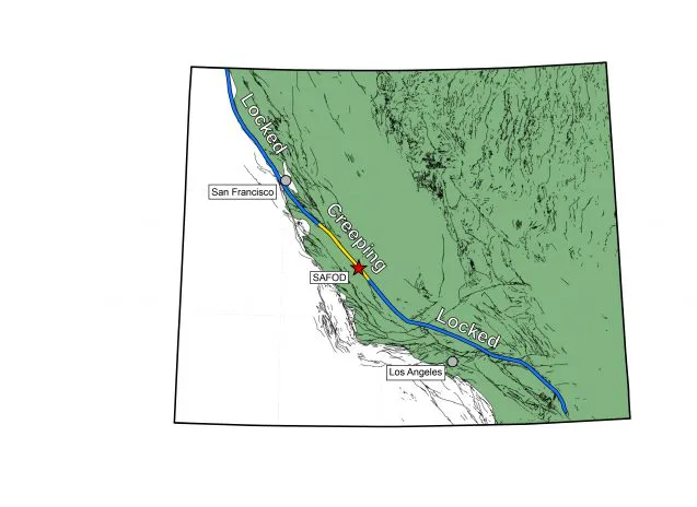 A parte da Falha de San Andreas em amarelo é a porção "lenta e silenciosa" descoberta na pesquisa (Imagem: Reprodução/Coffey et al)