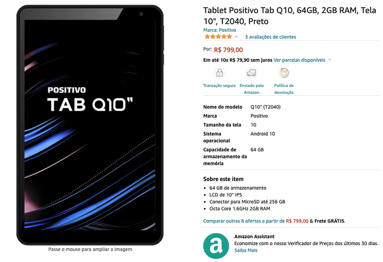 Tablet Positivo Tab Q10, 64GB, 2GB RAM, Tela 10", T2040, Preto 48564