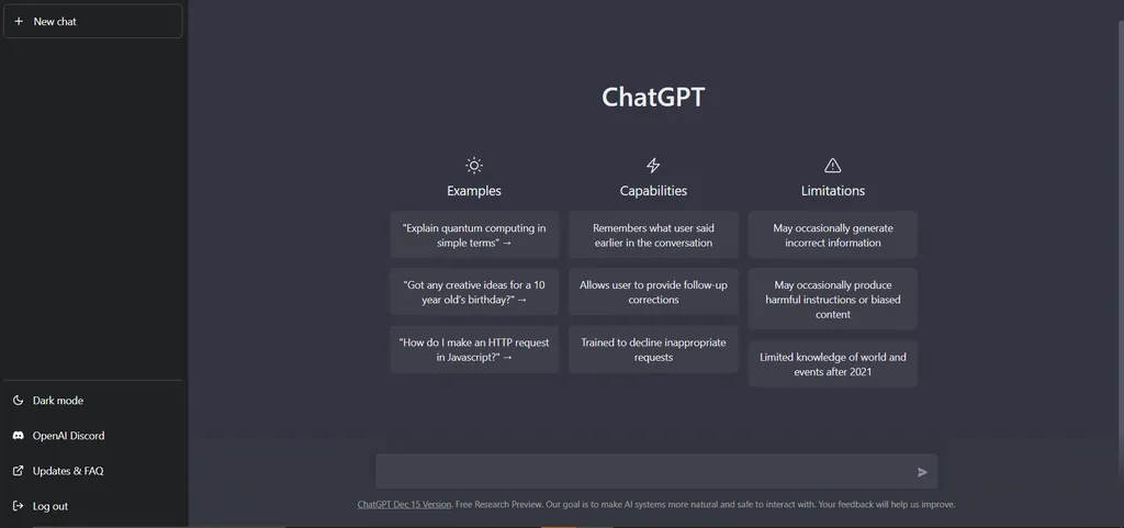 Essa é a tela inicial do ChatGPT: ele roda direto no navegador (Imagem: Reprodução/OpenAI)