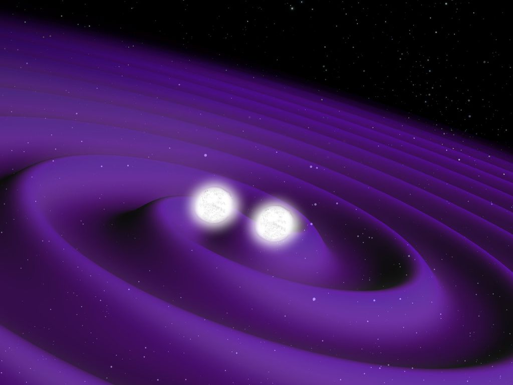 Ilustração de ondas gravitacionais causadas pela rota de colisão de duas estrelas de nêutrons (Imagem: Reprodução/ESA)