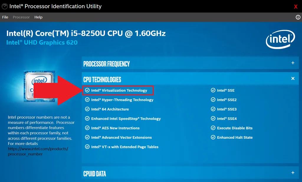 Caso seu computador com processador Intel seja compatível com virtualização, o programa de identificação exibirá um visto ao lado da linha "Intel Virtualization Technology" (Imagem: Reprodução/BlueStacks)