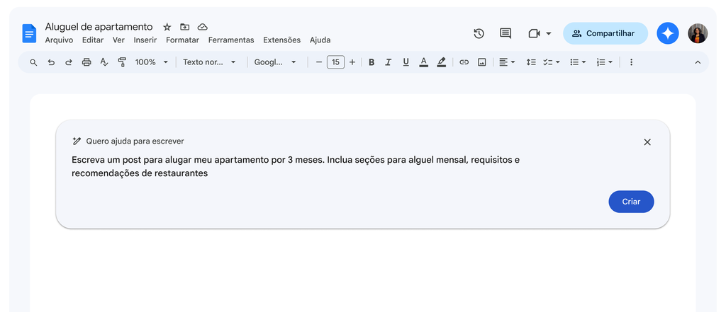 Exemplo de uso do Gemini para ajudar a escrever em português no Google Docs para desktop (Imagem: Divulgação/Google)