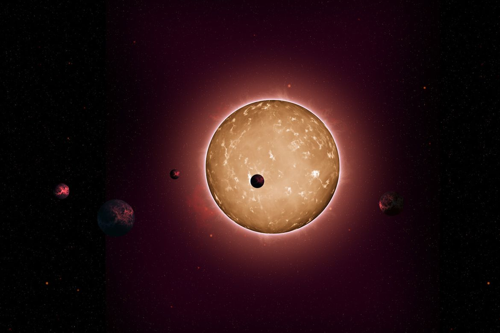 Os pesquisadores encontraram 366 candidatos a exoplanetas. Entre eles, há sistemas parecidos com o Kepler-444, que aparece na ilustração acima (Imagem: Reprodução/Tiago Campante/Peter Devine via NASA)